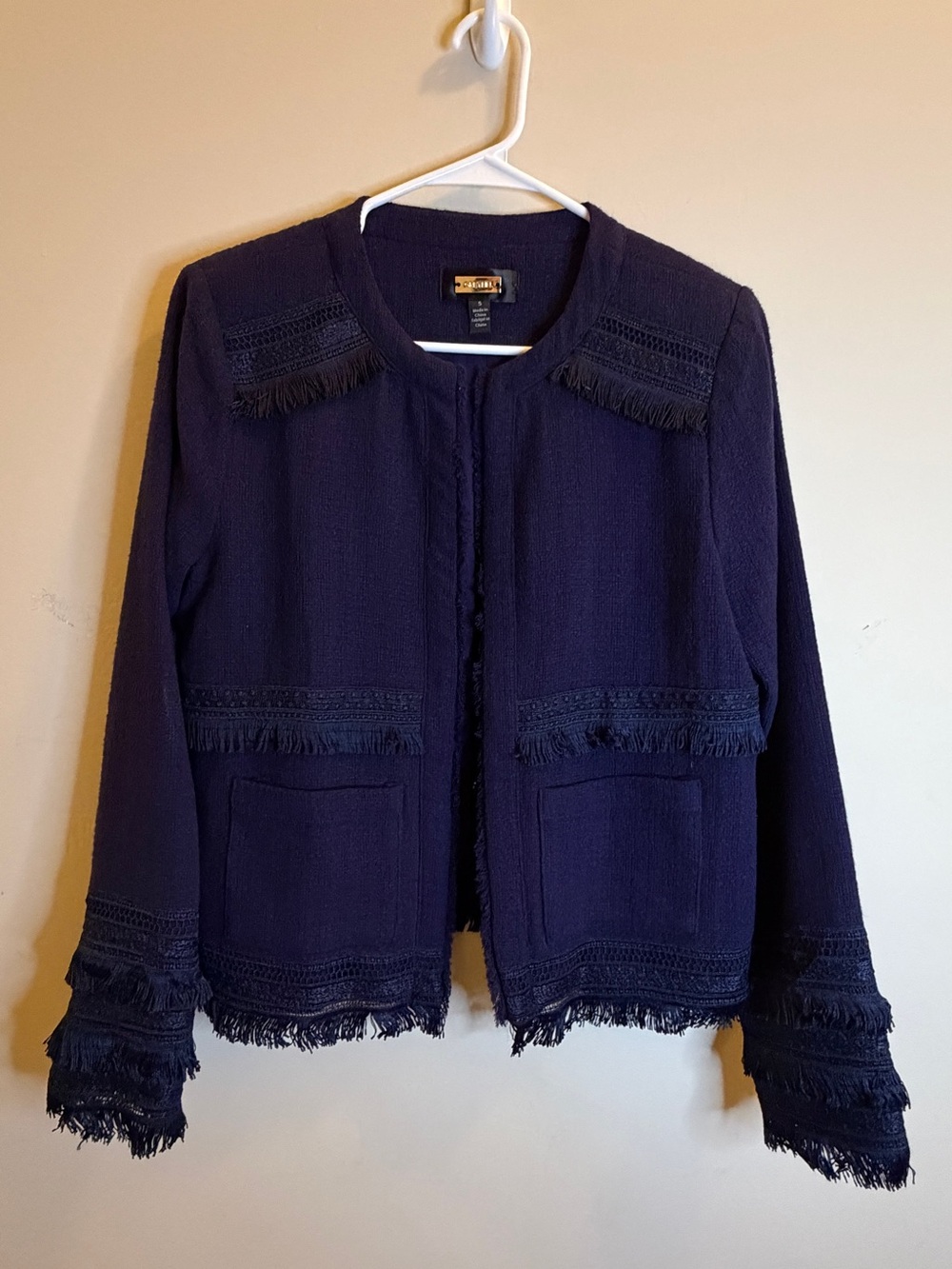 Greylin Navy Fringe Trim Collarless Jacket